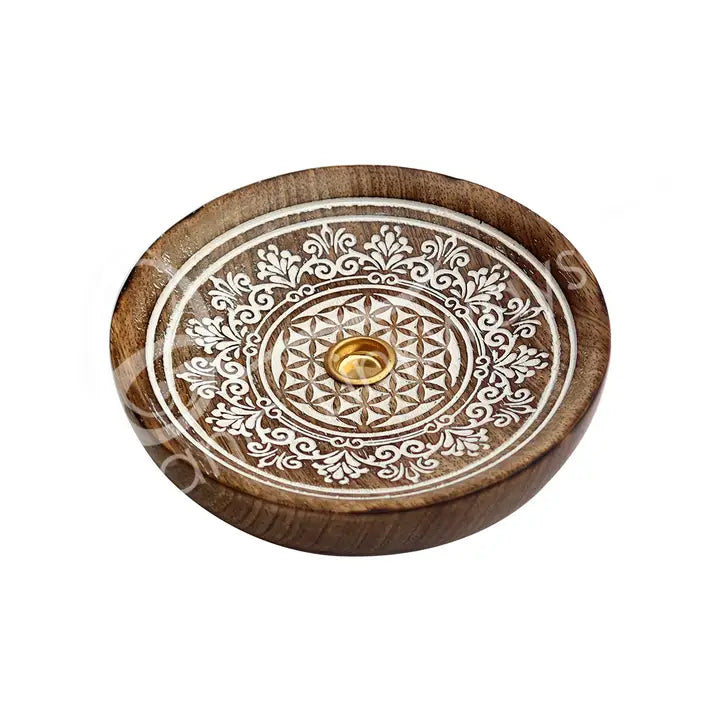 Cone Incense Holder - Mango Wood Laser Engraved Flower